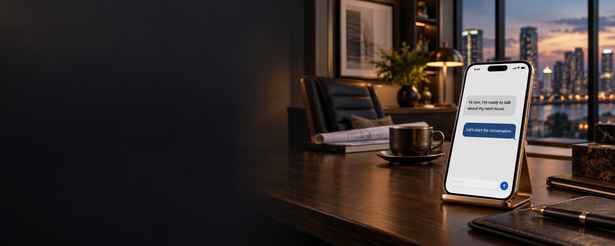 Phone open to a conversation with Kim in a refined office setting